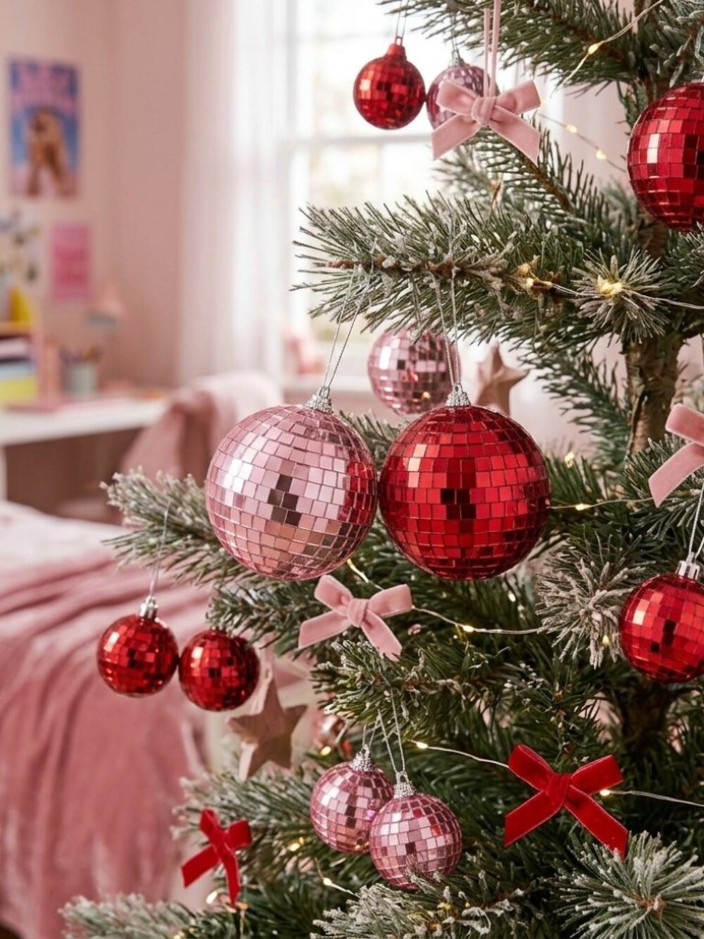 3" Disco Ball Christmas Ornament Glass Mirror Tile Tree Decoration Pink Red